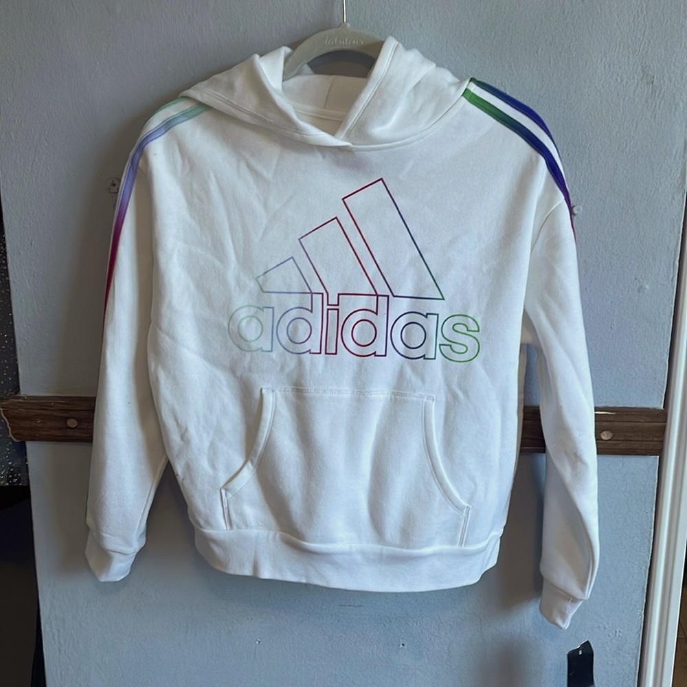 Adidas white rainbow stripes girl pullover hoodie.